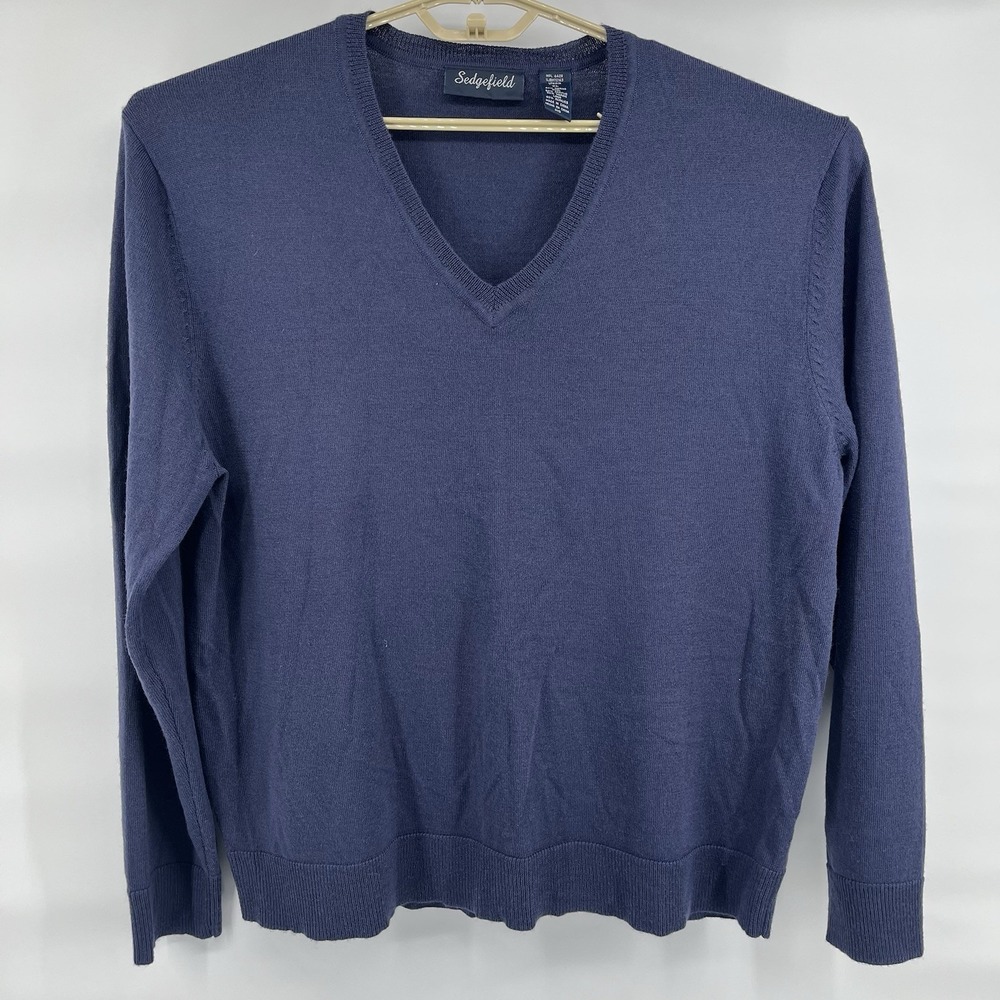 Sedgefield Men's Size XL Pullover Sweater Navy Blue Merino Wool Blend V-neck